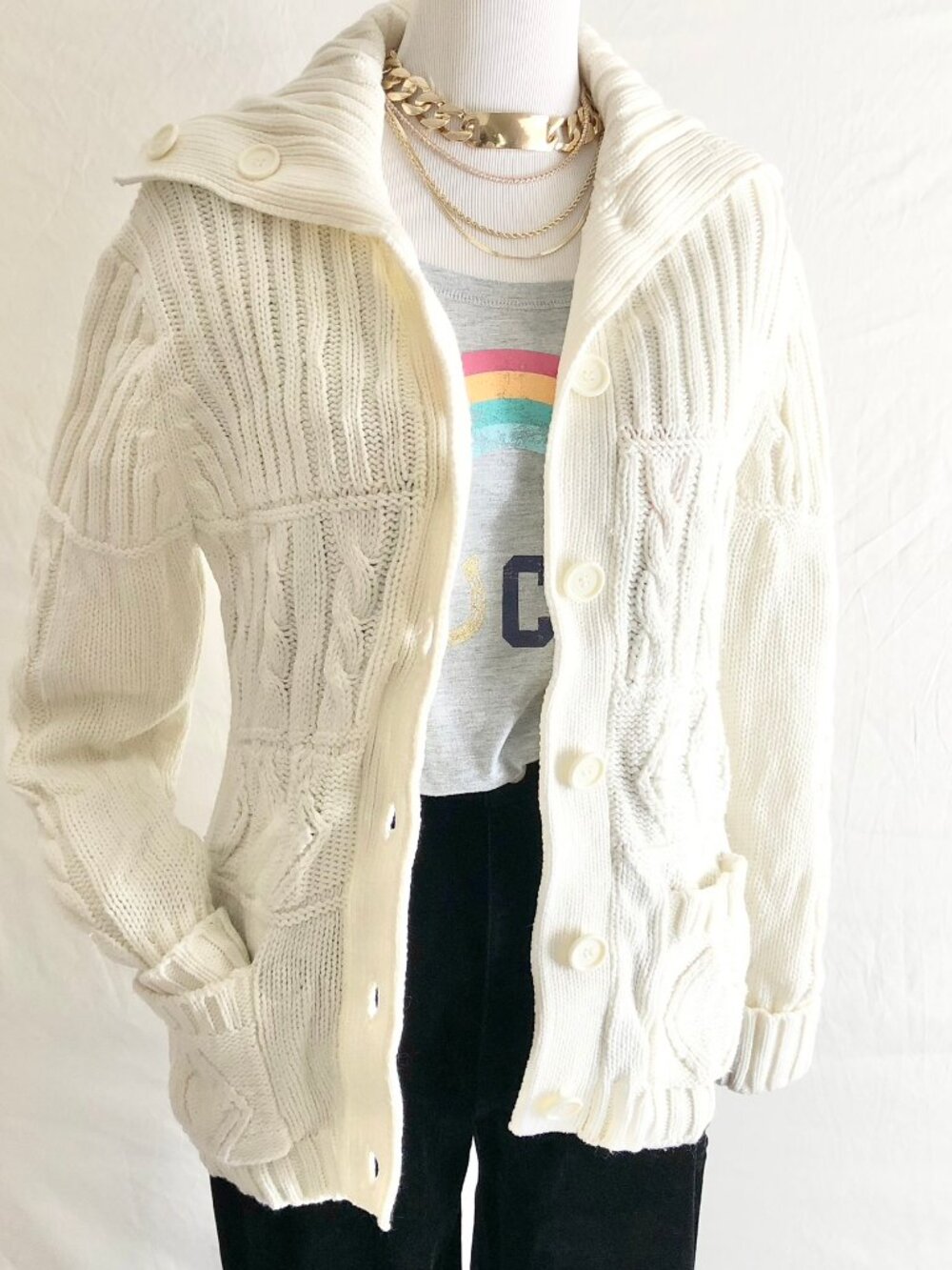 Vintage 70s Kayser Ivory Fisherman's Cable Knit Cardigan Sweater Size XS